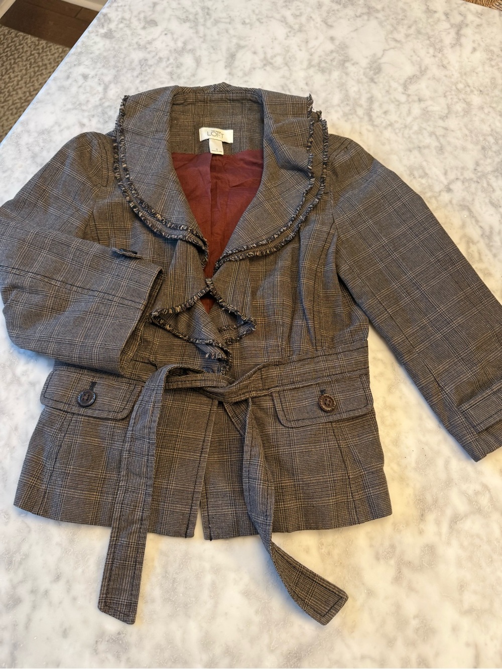 LOFT Brown Plaid Ruffle Belted Fall Blazer Size 0